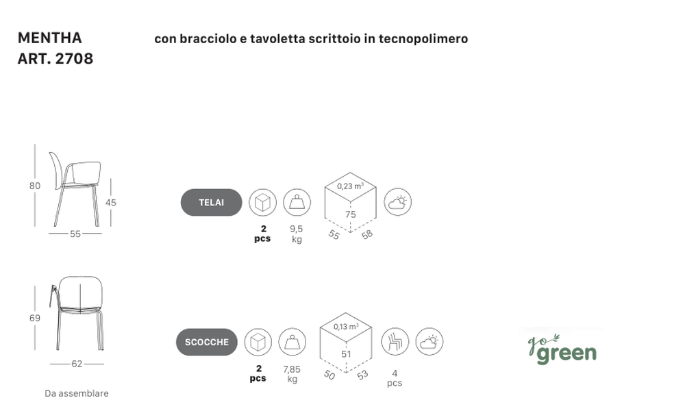 SCAB Design Mentha | sedia con bracciolo e tavoletta scrittoio - dimensioni